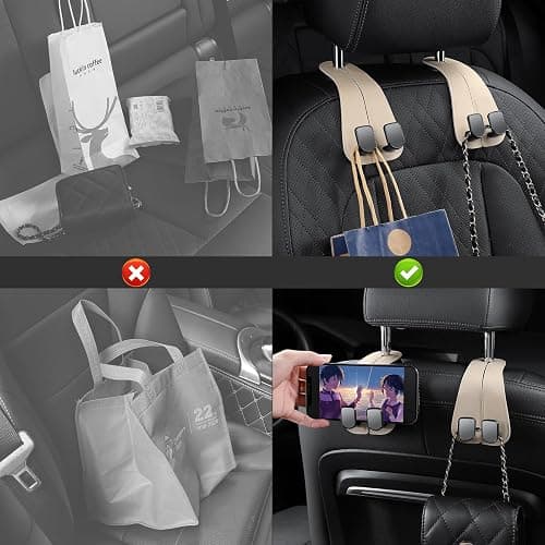 2 Pack KAFANLIN Car Headrest Hooks for Purses and Bags Cute Leather Car Seat Back Head Rest Double Hooks for Bags Cute Pink Beige Car Accessories Headrest Back Seat Handbags Hook (Beige 2 Pack) thumbnail 7