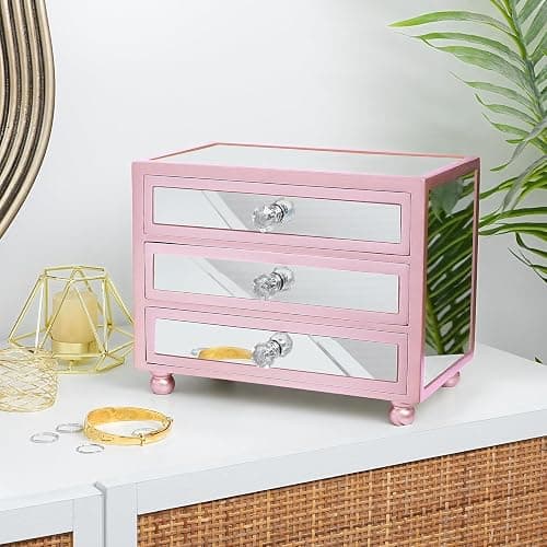 Gifturbo Pink Jewelry Box for Women Girl Wife 3 Layers Large Mirror Glass Jewelry Organizer Storage Case with Three Drawers Display for Earrings Bracelets Rings Watches thumbnail 7