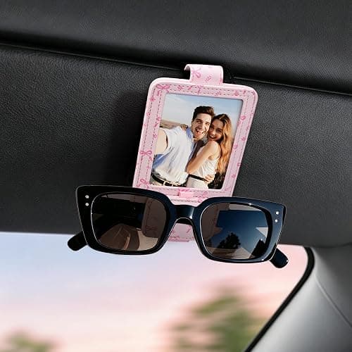 Calafu Sunglass Holder for Car, 2 in 1 Sunglass Visor Clip with Photo Frame | Leather Cloth, Magnetic Interior Car Accessories, Holds Paper Tickets, Universal Visor Fit, Custom Photo Slot, Pink - Image 1
