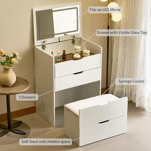 namitihome Elegant 3-in-1 Vanity Set 23.6" Desk with Flip Mirror, 3 Drawers Padded Stool Walnut Modern Bedroom Makeup Table(White, 23.6) thumbnail 4