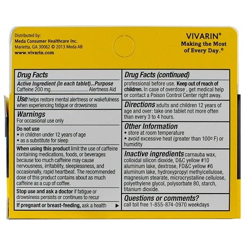 Vivarin, Caffeine Pills, 200mg Caffeine per Dose, Safely and Effectively Helps You Stay Awake, No Sugar, Calories or Hidden Ingredients, Energy Supplement, 40 Tablets thumbnail 3