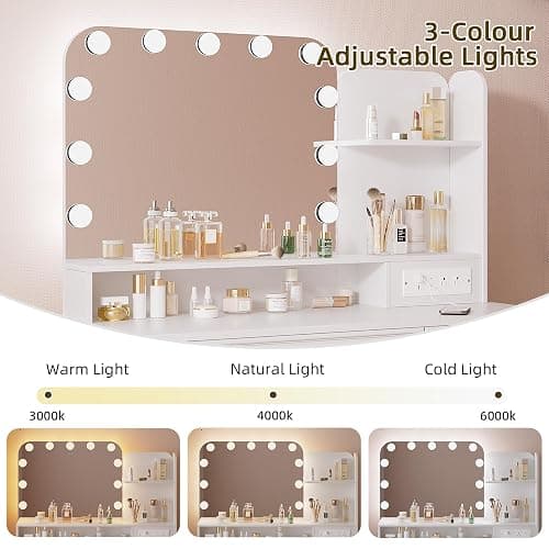 ⭐️Ylued Vanity Desk with Mirror and Lights Power Outlet, 39 inch Makeup Vanity with Charging Station, Mid-Century Modern Dressing Table with 2 Drawers for Bedroom, White thumbnail 4