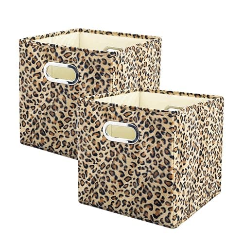 ANMINY 2PCS Storage Cubes Leopard Cheetah Print Velvet Fabric Storage Bins for Shelves, Collapsible Washable Closet Storage Baskets Boxes with Handles for Organizing and Storage -Brown, 11"x 11"x 11" - Image 1