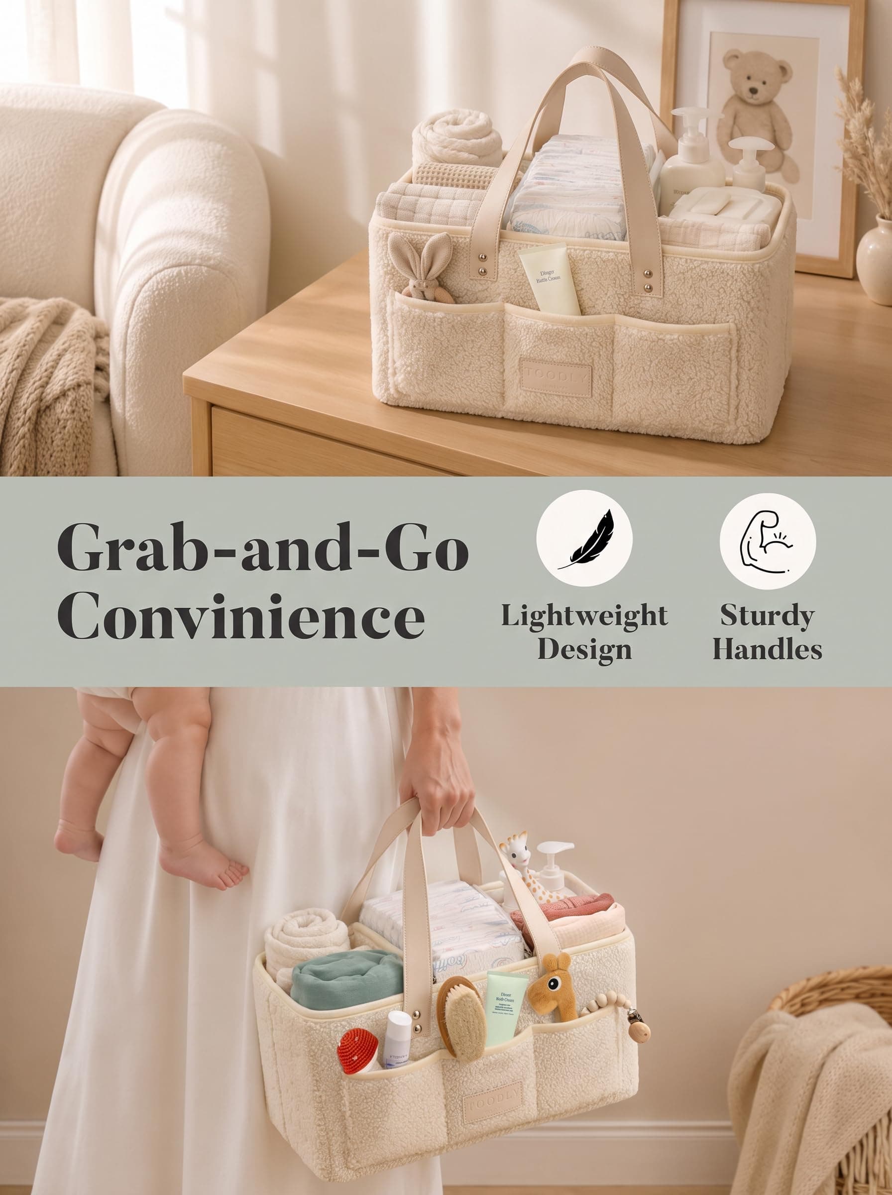 Baby Diaper Caddy Organizer with Portable Changing Mat - Teddy Fleece Diaper Organizer for Changing Table - Baby Basket for Diaper Changing Essentials - Baby Caddy Organizer with Removable Dividers thumbnail 8