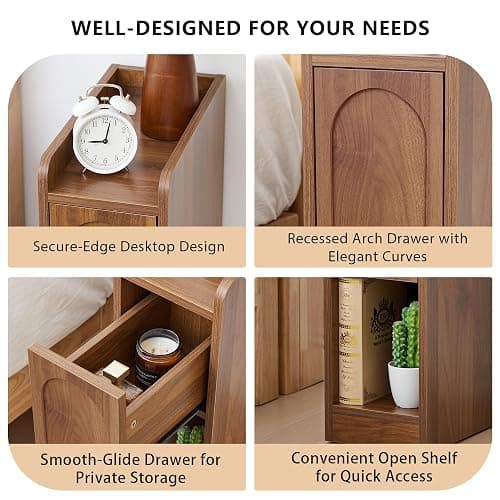 Narrow Nightstand, Slim Bedside Table with Raised Edge Top, Arched Drawer & Open Shelf, Modern Wooden Small Side End Table for Bedroom or Living Room (1, Walnut) thumbnail 4