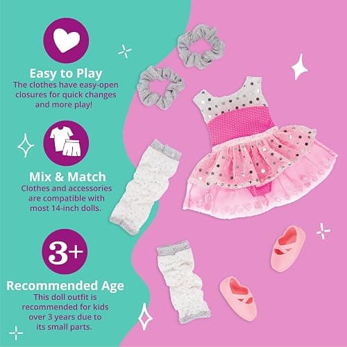 Glitter Girls – 14-Inch Doll Clothes – Twirls of Joy Ballerina Outfit Hearts & Stars – Ballet Dress, Hair Elastics, Shoes – 3+ Years thumbnail 5