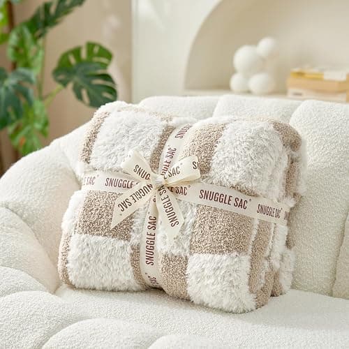 Snuggle Sac Checkered Throw Blanket Faux Fur Microfiber Blankets for Couch,Cozy Soft Warm Blanket for Sofa Bedroom Living Room,Beige Checker,50x60 inches thumbnail 5