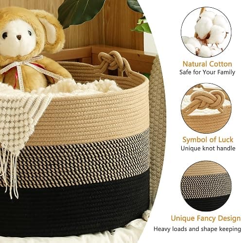 KAKAMAY Large Blanket Basket (20"x13"),Woven Rope Baskets for storage Baby Laundry Hamper, Cotton Rope Blanket Basket for Living Room, Laundry, Nursery, Pillows,Baby Toy chest (Jute/Black) thumbnail 3