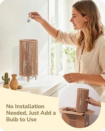 EDISHINE Boho Bedside Lamps Set of 2, Rattan Table Lamp for Living Room, Bedroom, LED Bulb Included, E27 Base, Vertical Stripes Lampshade thumbnail 6