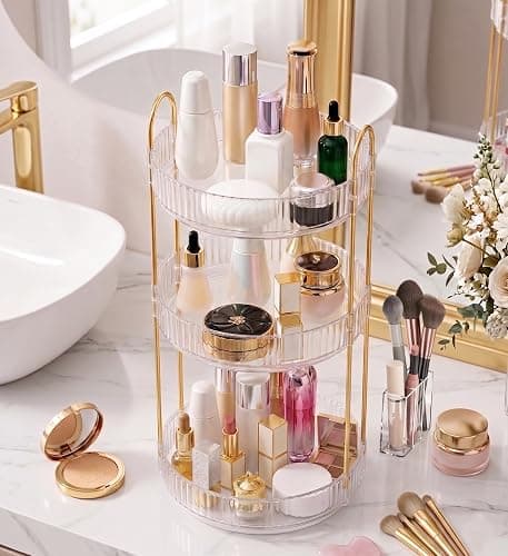 Aveniee Crystal Three-Layer 360° Rotating Cosmetic Stand, Premium Solid Metal Pole Sturdy Construction, Translucent Revolving Beauty Storage Unit for Vanity, Sink or Bathroom Shelf, White thumbnail 3