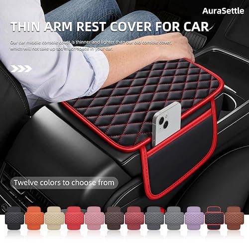 AuraSettle Waterproof Leather Car Center Console Pad with 2 Storage Bags, Auto Armrest Box Cover Protector, Comfortable Interior Accessories for Most Household Cars, Sedans & SUV (Black Red Stitch) thumbnail 4