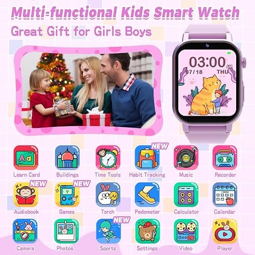 Phyulls Kids Smart Watches Girls with 32 Puzzle Games, HD Camera, Pedometer | 1.69" TouchScreen Watch for Kids, Alarm, Music, Audiobooks, Flashlight,12/24 Hr, Birthday Gifts for Girls Ages 5-12, Purple thumbnail 2