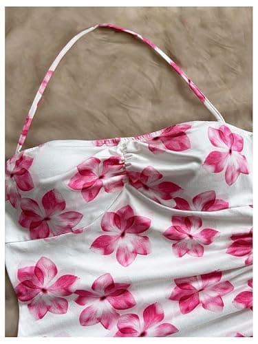 BEAUDRM Girl's Floral Halter Dress Side Drawstring Sleeveless Asymmetrical Fitted Short Dresses thumbnail 4