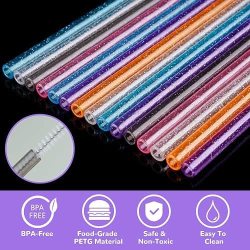 NiHome 12-Pack Glitter Plastic Straws Fit for Stanley 40 oz Tumbler, 12” | Assorted Color Reusable Glitter Drinking Straws Fit for Stanley Cup with Brushes, BPA-Free, with Laser-Induced Sparkle thumbnail 5