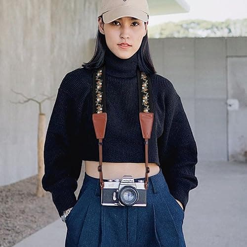 Padwa Lifestyle Camera Strap - 2" Full Grain Leather Ends Camera Straps for Photographers, Vintage Embroidered Cotton Weave Soft Suede Fabric Padded Strap Quick Release fits All Cameras thumbnail 5