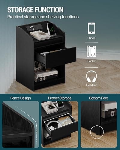Hzuaneri Bedside Table with LED Light, Bedside Cabinet with Charging Station, 1 Storage Drawer Nightstand for Bedroom, Living Room, 2 USB Port, 2 Outlets, Open Compartment, Black NS04804X1UK thumbnail 6