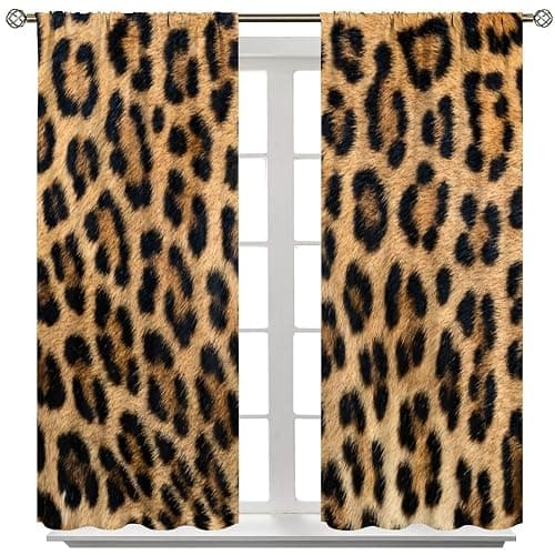 Leopard Print Curtains Retro Fur Skin Brown Farm 3D Leopard Print Ｗild Animal Fur Skin Window Treatments for Kids Living Room Bedroom Home Decor Window Drapes 42" W X 45" L thumbnail 8