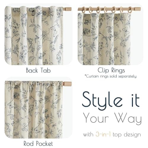 Lazzzy Blue Floral Curtains 84 Inch Length Linen Farmhouse Curtain Back Tab Drapes for Living Room Bedroom Light Filtering Vintage Rod Pocket Curtains, 2 Panels, Blue on Beige thumbnail 8