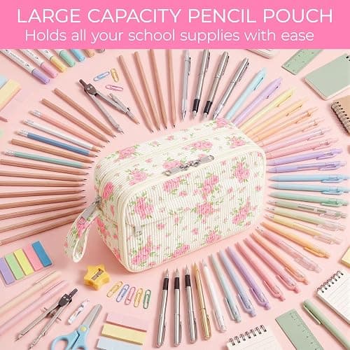 WOBAGMEN Cute Pencil Case,Large Corduroy Zippered Pencil Case Pouch, aesthetic Pencil Bag with Compartments, Pencil Pouch School Supplies (Big Pink Floral) thumbnail 5