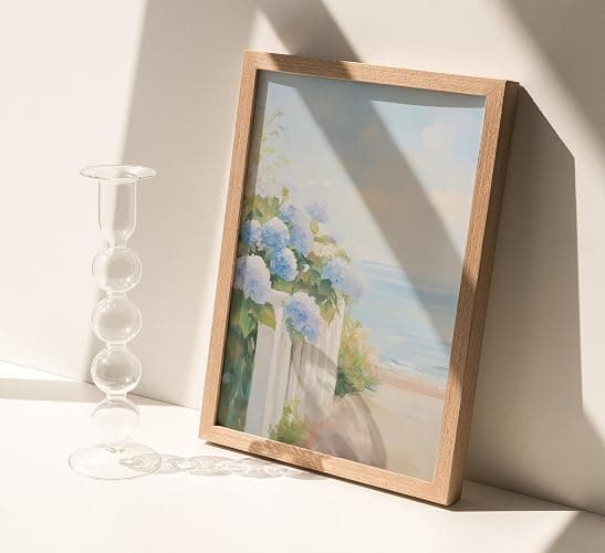 Wood Framed Pastel Coastal Wall Art Pink Beach & Blue Hydrangea Pictures Wall Decor Ocean Wildflowers Posters Summer Beachy Preppy Painting Print Artwork for Beach House Bedroom Dorm Apartment thumbnail 9
