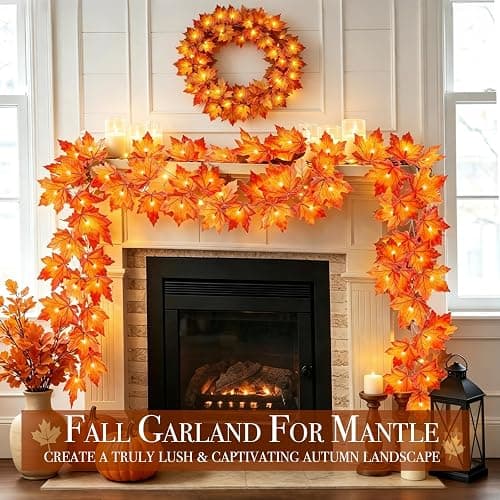 Fall Decor 2 Pack Fall Garland with Lights Enlarged Maple Leaves 20Ft 40LED | Halloween Fall Decorations for Home, Battery Operated Waterproof Autumn String Lights Indoor Outdoor Thanksgiving Decorations thumbnail 7