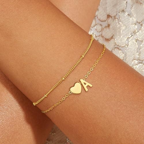 Fezodo Gold Initial Bracelets for Women Girls - 14K Gold Plated Heart Initial Bracelet Teen Girl Gifts Trendy Stuff Dainty Gold Bracelets for Women Girls Trendy Jewelry Gifts thumbnail 2