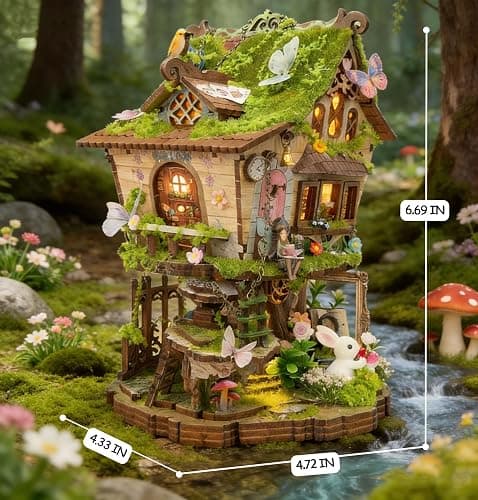 RHZN Book Nook Kit, Miniature House Kit, 3D Wooden Puzzles for Adults with Tools, Tree House thumbnail 3