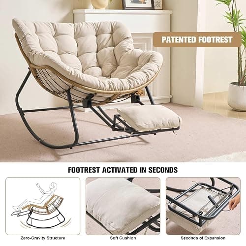 Oversized Rocking Chair with Foot Rest & Ottoman, Outdoor Reading Chair, Comfy Rocking Chair for Patio Porch Balcony, Cozy Indoor Reading Nook Chair, Chaise Lounge Chair Indoor, Big Comfy Chair, Beige thumbnail 5