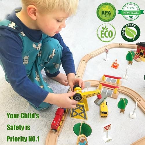 Tiny Land 55PCS Wooden Train Set - Compatible with Major Brand Tracks, Educational Toy for Toddlers & Kids Ages 3-7, Durable Wooden Railway Tracks thumbnail 4
