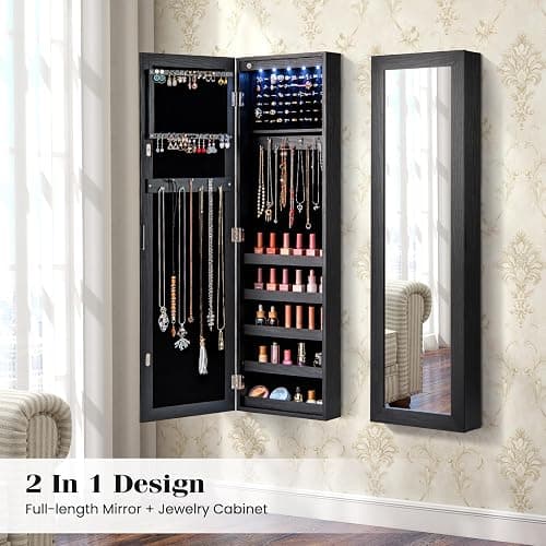 Giantex Wall or Door Mounted Jewelry Cabinet with Full Length Mirror, Over The Door Jewelry Armoire Organizer with Lights, Large Storage with Necklace Hooks, Earring Slots & Shelves (Black) thumbnail 8