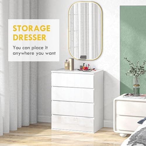 HOMCOM Dresser for Bedroom with 4 Drawers, High Gloss Chest of Drawers with Metal Runners and Groove Handles for Living Room, Hallway, White thumbnail 4