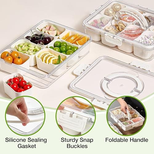 Mfacoy Snackle Box Container, 2 Pack Divided Serving Tray with Lid and Handle, Snack Box Charcuterie Container for Portable Snack Platters, Clear Organizer for Candy, Fruits, Travel, Party, Picnic thumbnail 6