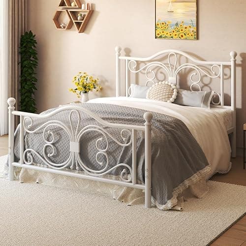 LOEWAY Full Size Bed Frame/Metal Platform Bed Frame with Butterfly Pattern Design Headboard and Footboard/Strong Metal Slats Support/No Box Spring Needed/Easy Assembly/Noise-Free/White thumbnail 3