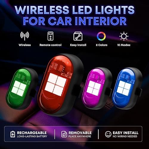 Wireless LED Lights for Car, Rechargeable Interior Car Lights | Remote Control, 8 Colors, 10 Modes, 3 Brightness Levels, USB-C Accent Lights for Car, Truck, Motorcycle & Bike thumbnail 2