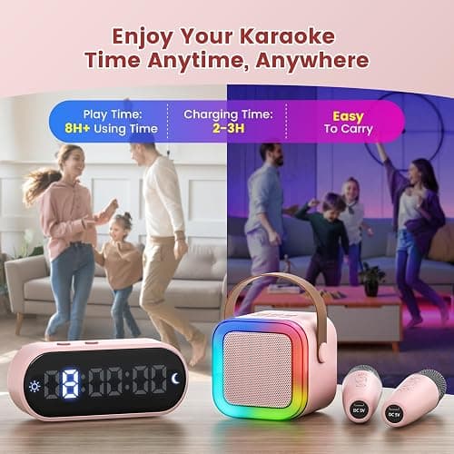 Mini Karaoke Machine for Kids,Portable Bluetooth Speaker with 2 Wireless Microphones,Toddler Music Player Toys,Easter Birthday Gifts for 3,4,5,6,7,8,9,10,11,12+Years Old Girls Boys (Pink) thumbnail 7