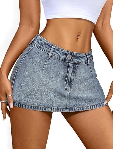 IWD Denim Mini Skirt for Women Low Waisted Jean Micro Skort with Shorts Stretch Casual Jean Skirt - Image 1