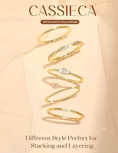 CASSIECA 14K Gold Plated Stackable Rings for Women Non Tarnish Cubic Zirconia Band Rings Set Dainty Trendy Statement Engagement Promise Stacking Ring Size 5-10 thumbnail 7