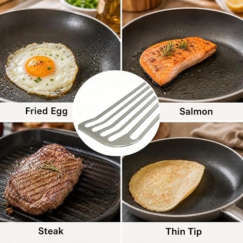 KSENDALO Stainless Steel Fish Spatula with Thin Edge, Sturdy Metal Slotted Egg Turner Flipper, Professional Spatulas for Kitchen Cooking, Dishwasher Safe thumbnail 5