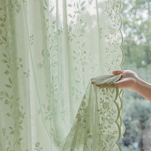 Sage Green Lace Curtains 84 Inches Long Victorian Floral Semi Sheer Curtains for Living Room Bedroom Decor Drapes Rod Pocket Light Filtering Vintage Window Curtains 2 Panels Set for Dining Room, 55x84 thumbnail 4