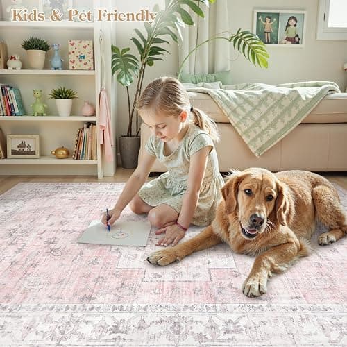 LIVEBOX Pink 6x9 Area Rug for Bedroom Girls, Boho Washable Rugs for Living Room Nursery, Non-Slip Indoor Soft Carpet Low-Pile Farmhouse Carpets for Dining Room Kids Playroom, Pink thumbnail 5