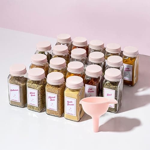 Paris Hilton Glass Spice Jar Storage Set, 4-Ounce Empty Spice Jars with Labels, Shaker Caps and Metal Lids, Collapsible Funnel Included, 20-Piece, Pink thumbnail 8