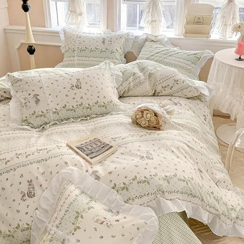 VM VOUGEMARKET Girls Flower Comforter Set Green Leaves with Cute Rabbit Comforter with 2 Pillow Shams Romantic Ruffle Down Comforter Set(3pcs,Queen) thumbnail 3