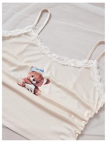 MakeMeChic Women's 3 Piece Pajama Set Cute Printed Lace Cami Crop Top and Pleated Shorts with Pants Sleepwear thumbnail 4