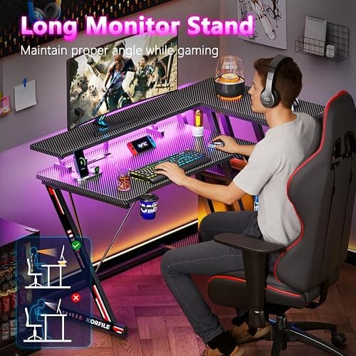 Korfile 40 Inch Gaming Desk with Power Outlet & LED Lights, L Shaped Computer Gaming Table with 3 Tiers Storage Shelves, Corner Gamer Desk with Monitor Stand for Small Space, Carbon Fiber Black thumbnail 7
