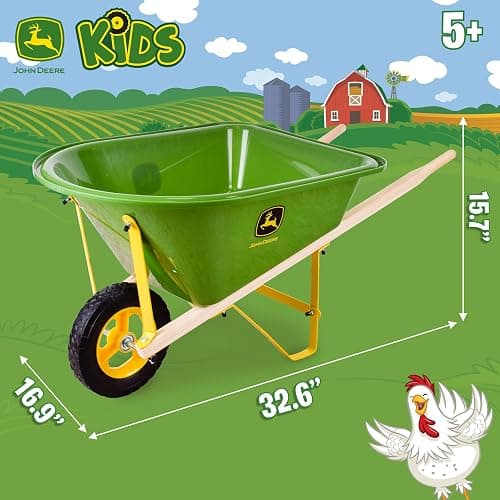 John Deere Deluxe 34" Wheelbarrow and Garden Set Includes 5 Realistic Gardening Tools,Gardening Apron, Gardening Gloves, Large Metal Wheelbarrow with Wooden Handles, Outdoor Toy Ages 5+ thumbnail 5