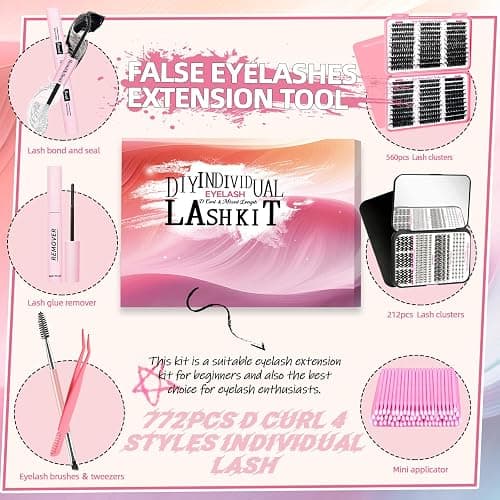 QUKLOGEN DIY Fluffy Lash Extension Kit 772Pcs D Curl 4 styles Individual Lash with Bottom Clusters Bond and Seal,Quick Glue Remover Tweezers Eyelash Brush Mini Applicator (LASH003) thumbnail 7