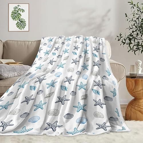 Ydbkt Coastal Ocean Beach Throw Blanket, Starfish Seashells Summer Fleece Blue Grey on White Blanket, Ocean Theme Lightweight Soft Cozy for Sofa Couch Bed Room Decor 50"x60" - Image 1