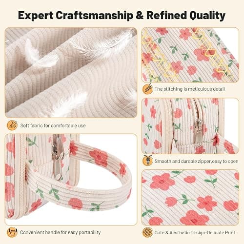 YILANCOL Cute Corduroy Pencil Case Pouch with Handle,Extra Large 4 Compartment Aesthetic Pen Case Pouch Organizer Gifts for Teen Girls,School,College,Birthday Gifts (Beige Strawberry) thumbnail 6