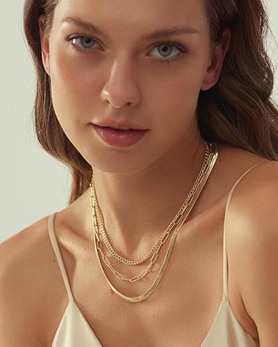 Gold Layered Necklaces for Women, 14K Gold Plated Dainty Gold Chain Choker Necklace Stack, Herringbone Gold Necklaces Set thumbnail 3