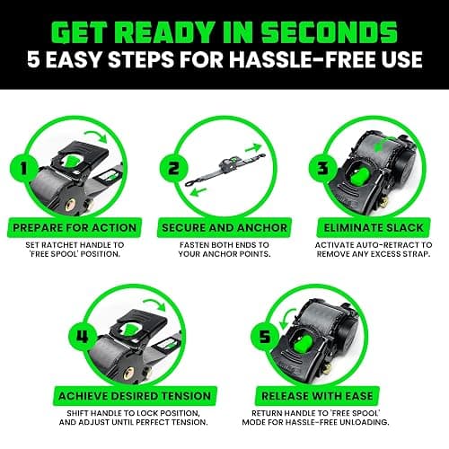 Rhino USA Retractable Ratchet Straps (4-Pack) - 1 Inch x 10 Feet (1,209lb Break Strength) - Auto Self Retracting Tie Down Straps for Truck, Cargo Trailer, Motorcycle, ATV, UTV - Gray thumbnail 8